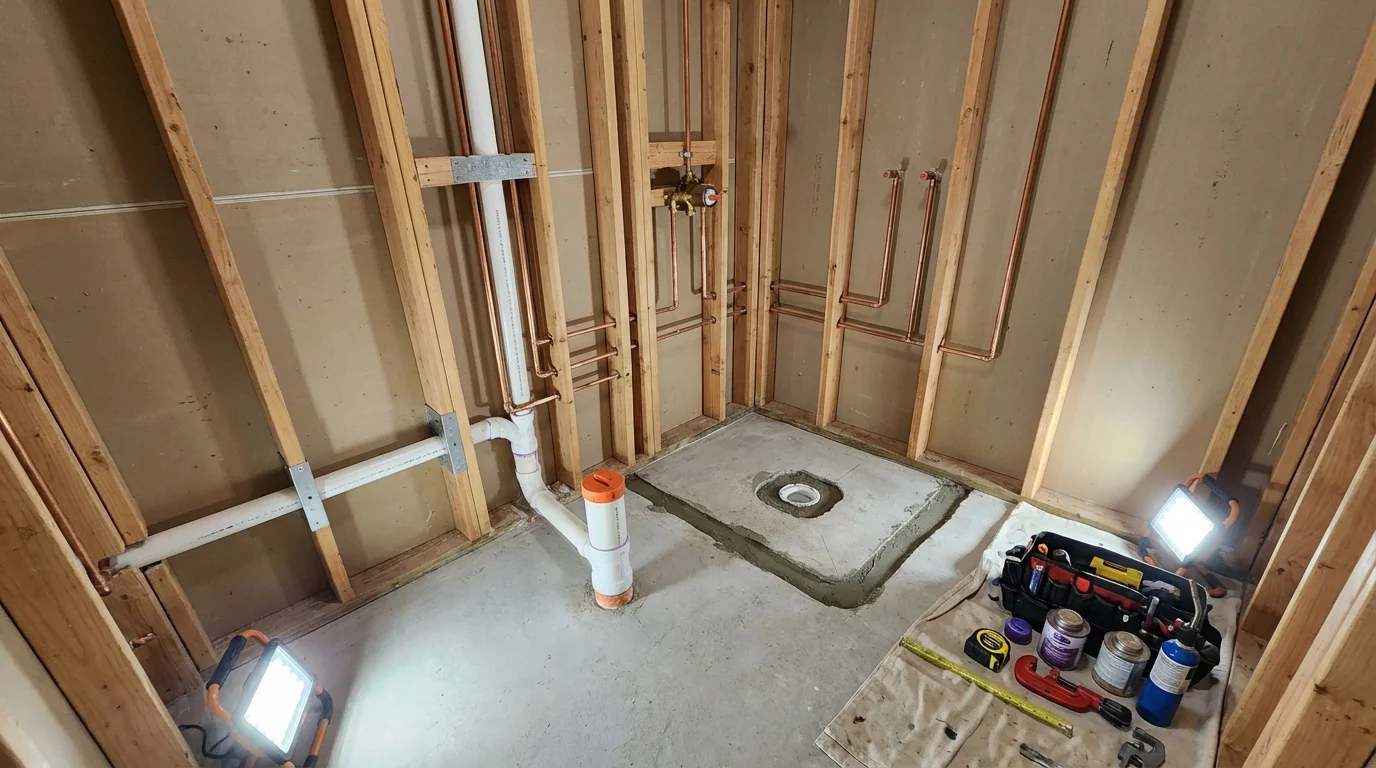 Bathroom rough-in plumbing during remodel by Johns Plumbing LLC in Fanwood