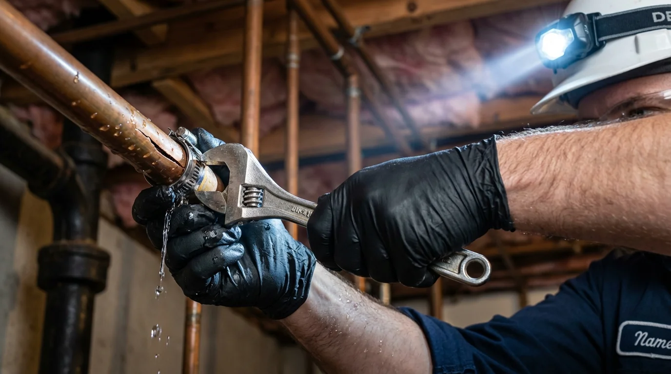 Emergency pipe clamp repair being performed by a Johns Plumbing LLC plumber in Fanwood