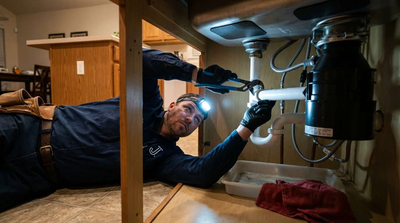 P-trap and supply line connections under a kitchen sink showing a common leak point in Fanwood, NJ